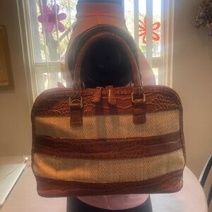 Bueno Faux Brown Alligator Print Leather Accented with Tan Straw Women's Handbag